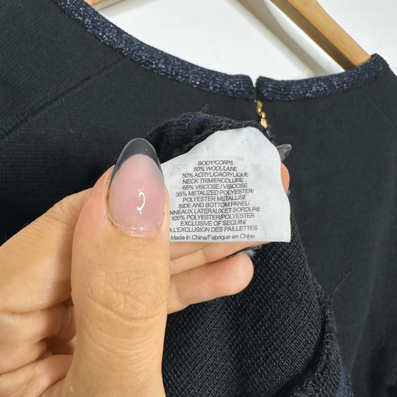 TORY BURCH Wool Sheath SEQUIN Dress Navy Blue black paneled womens s SMALL - Picture 7 of 8